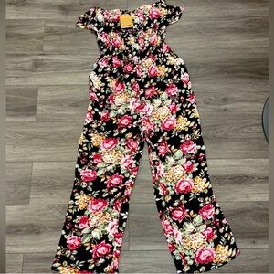 NWT Kori floral off the shoulder navy pants romper for spring & summer, size L